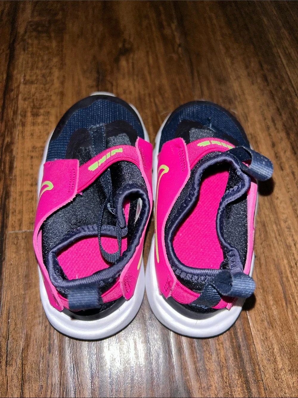 Nike Kids Navy and Hot Pink Slip-On Sneakers with Yellow Swoosh